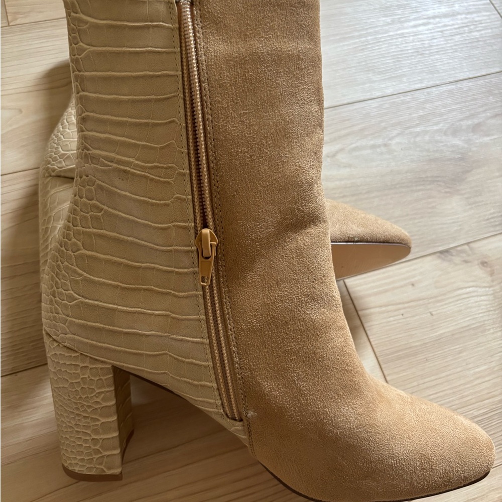 Elegant Tan Suede and Croc-Embossed Women's Boots